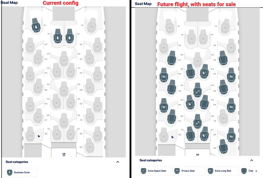 side-by-side comparison of two seat maps for a business class cabin, with one showing nearly every seat unavailable and the other showing nearly all available.