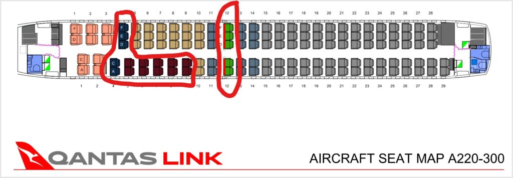 Color-coded seat map, with 20 seats  marked as economy plus for the Qantas A220.