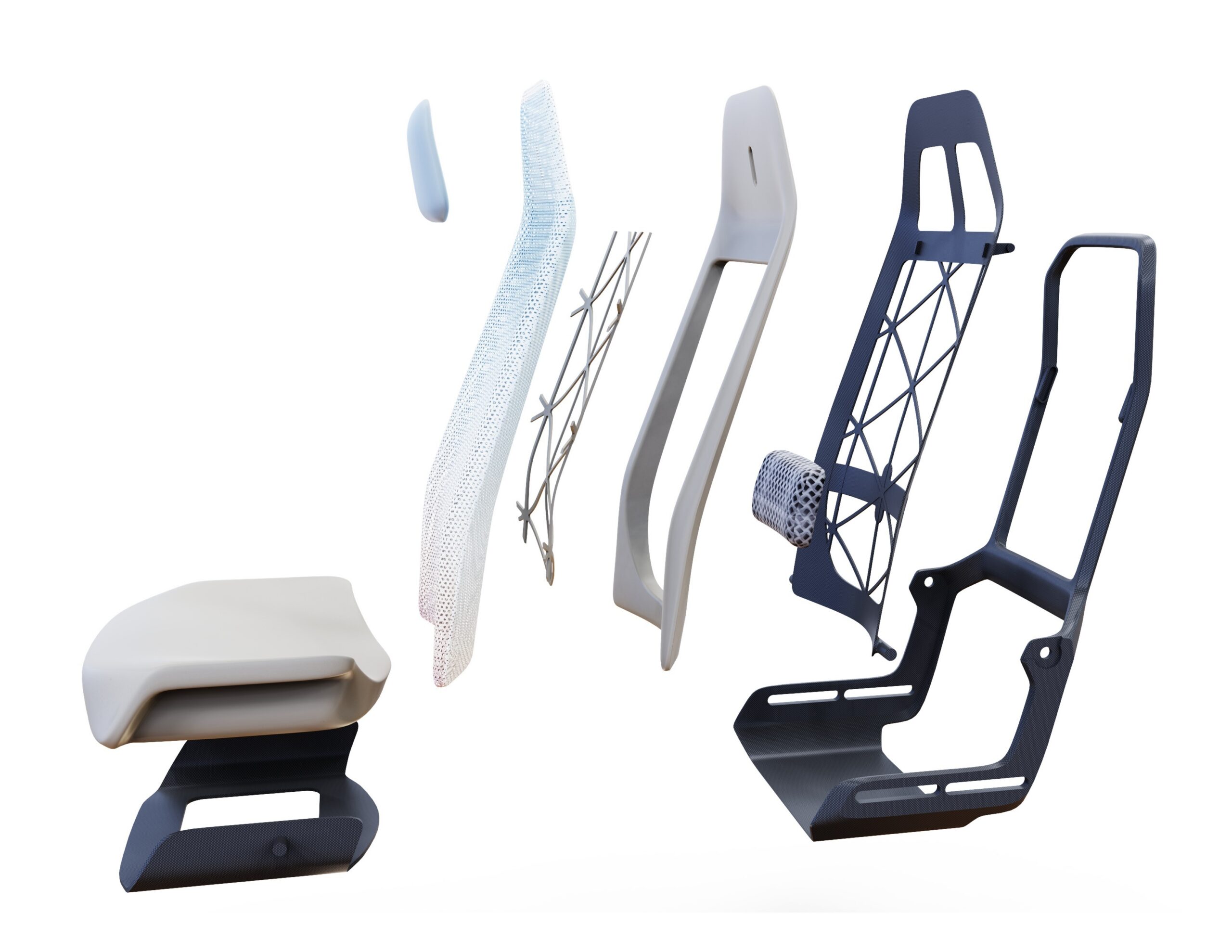spaceframe-by-designworks_4 exploded view assembly of an economy class seat