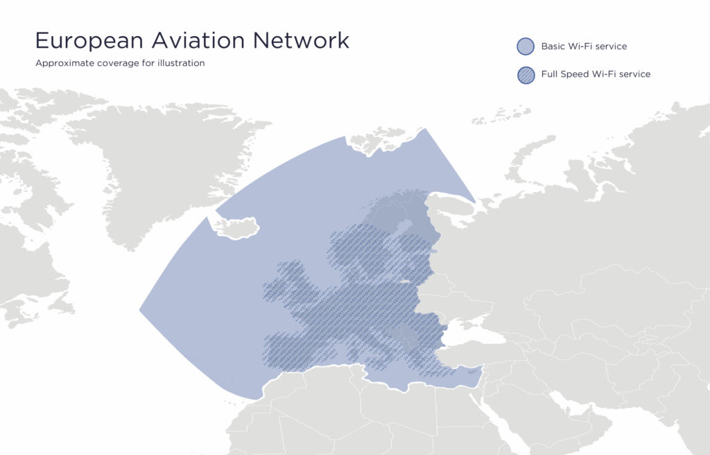 Map of mostly Europe with parts highlighted for two different level of service.