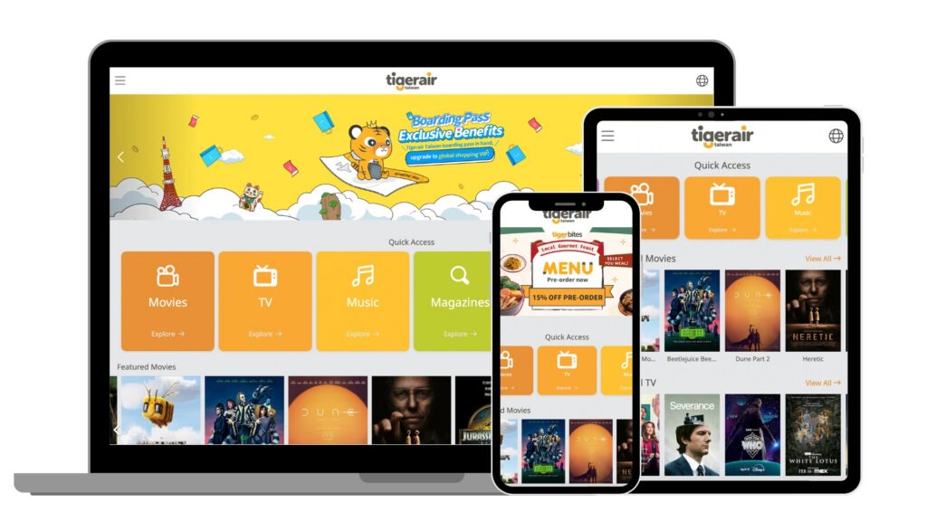 The Tigerair Taiwan wireless IFE portal from Blueview rendered on multiple screen sizes
