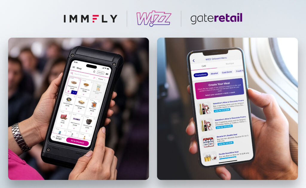 A crew member device showing the order processing and a consumer device placing an order on Wizz Air, powered by the Immfly inflight digital transformation program.