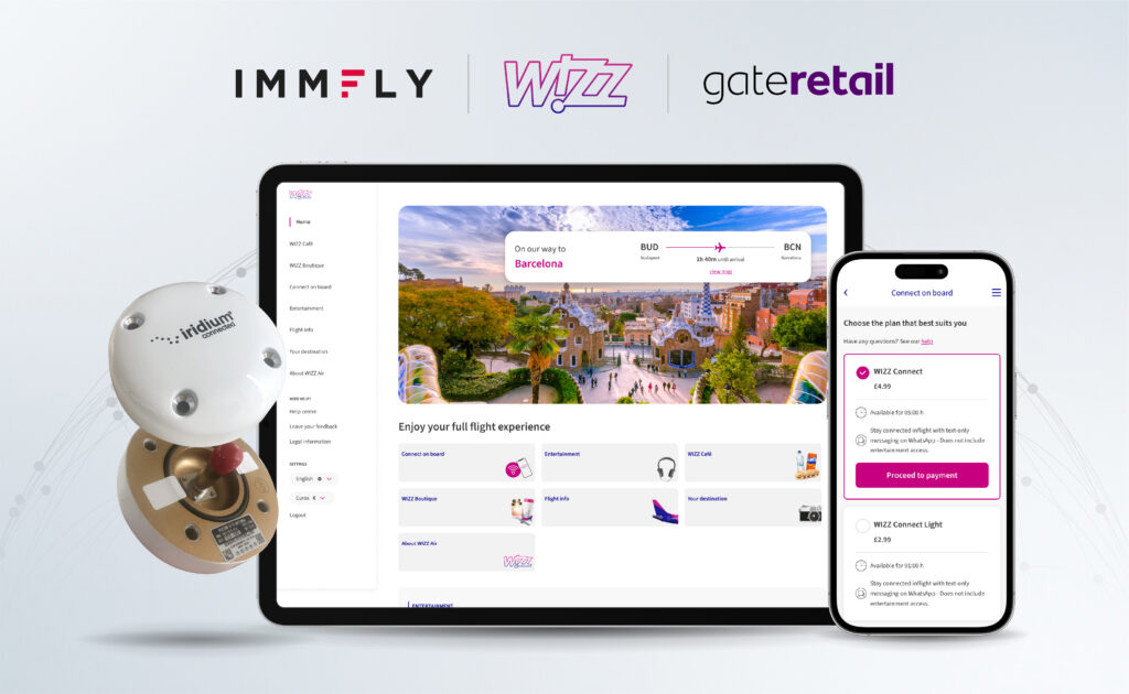 Entertainment and messaging options on a phone and tablet, part of the new inflight internet proof-of-concept for Wizz Air, backed by Immfly.