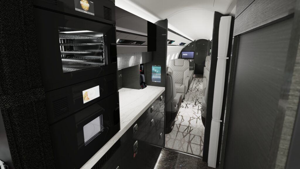 Galley area on the new Embraer Praetor jet, with significant stowage space