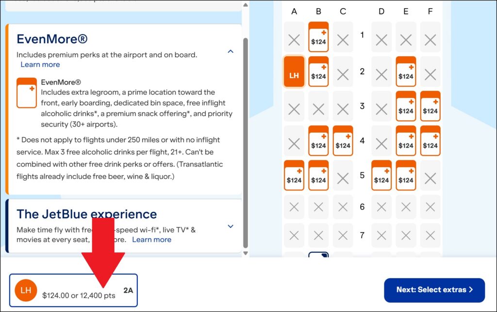 Screenshot of the JetBlue seat selection screen showing points worth a penny each for redemption as an ancillary product.