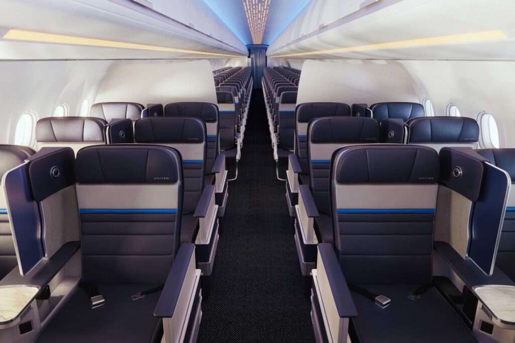 United's new A321XLR features Premium Plus and regular economy class seats, in addition to the lie-flat Polaris beds up front (image via United)