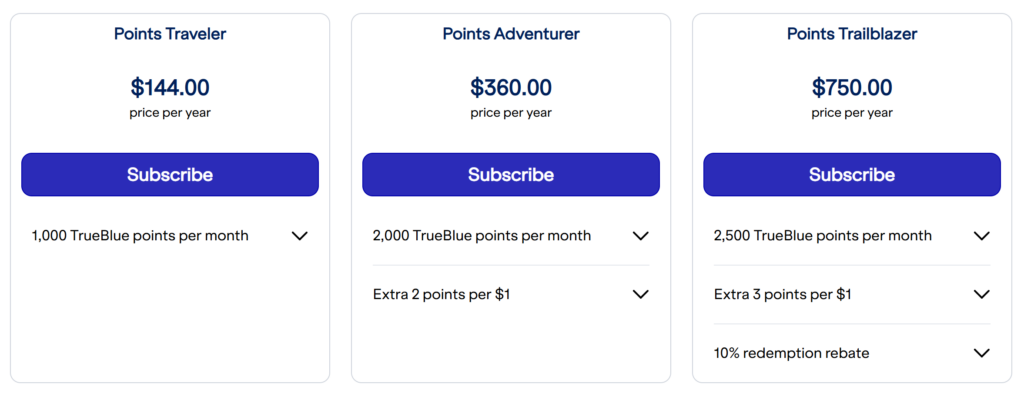 Three columns detailing the three options for passengers to buy points subscriptions, including the benefits included.