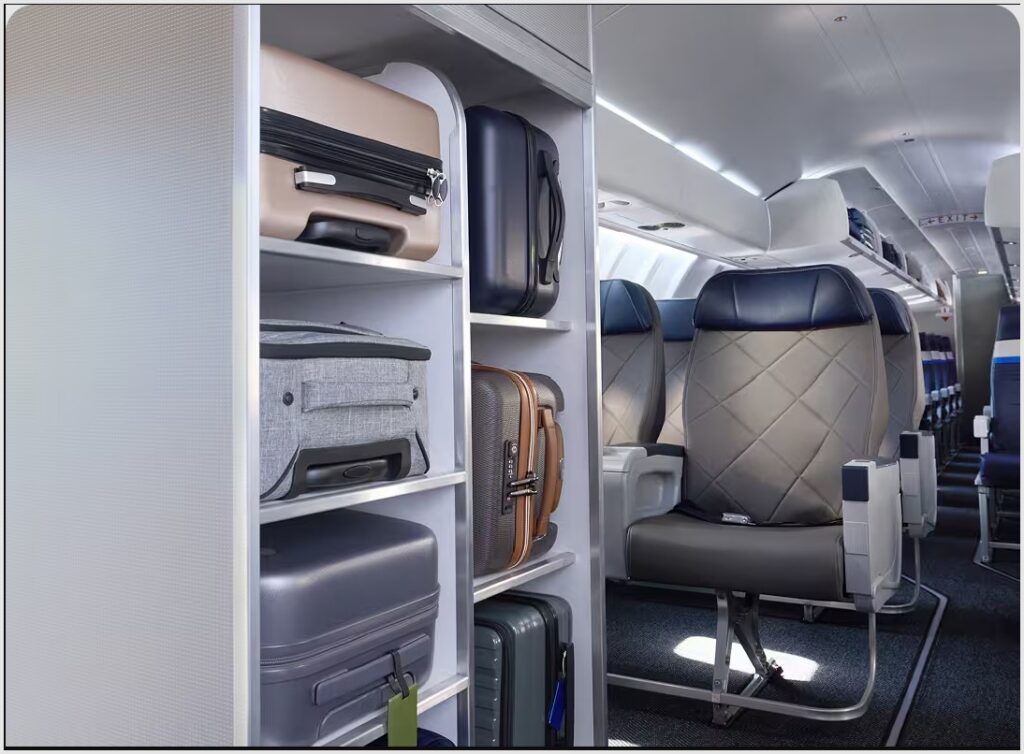 A closet at the front of the new United CRJ450 handles first class passenger bags, while the larger overheads in the back will help for economy class travelers.