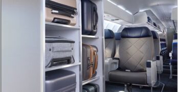 A closet at the front of the new United CRJ450 handles first class passenger bags, while the larger overheads in the back will help for economy class travelers.