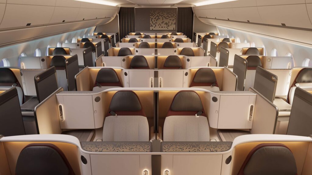 A350 cabin rendering with staggered Unum Two business class seats