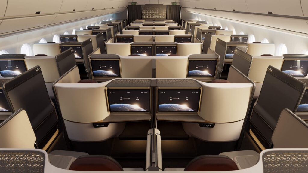 Rendering of an A350 cabin filled with nine rows of the Unum Two business class mini-suite seats