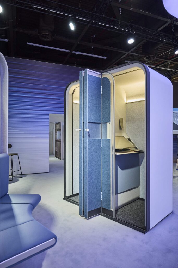 The full collection of e-Lounge options on display on Boeing's booth at AIX2026 in Hamburg (image via Boeing)