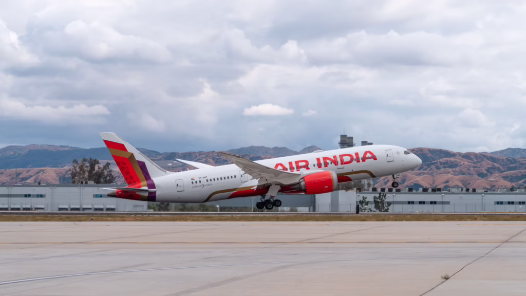 An Air India 787-8 taking off following its retrofit work