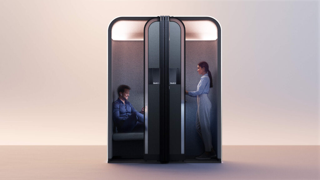 The E-Lounge digital workspace concept brings privacy to those chatting, and serenity to the rest of the cabin (image via Boeing)