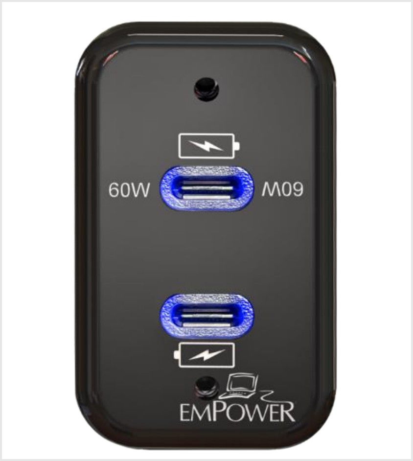 Black power module with two blue-lighted USB-C ports.
