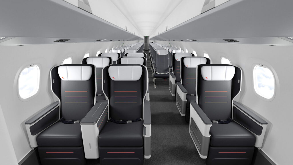 rendering of a regional jet cabin with Expliseat's premium seats at the front in a 1-2 layout and economy behind in a 2-2 arrangement.