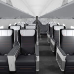 rendering of a regional jet cabin with Expliseat's premium seats at the front in a 1-2 layout and economy behind in a 2-2 arrangement.