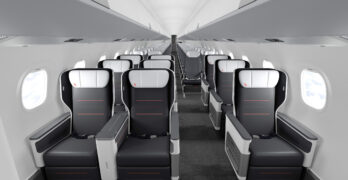 rendering of a regional jet cabin with Expliseat's premium seats at the front in a 1-2 layout and economy behind in a 2-2 arrangement.