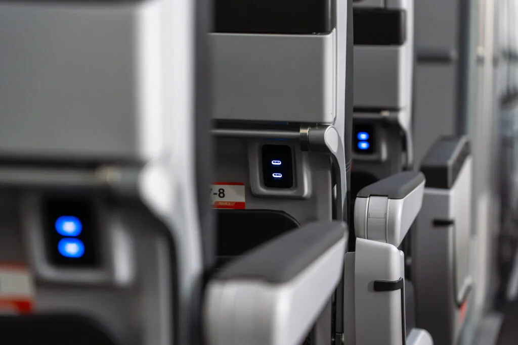 seatbacks of the new Jetstar cabin showing the Burrana RISE in-seat power