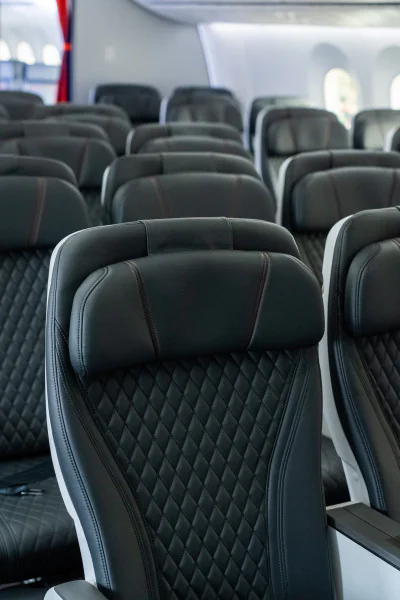 detail of the premium economy cabin on Jetstar, with Recaro seats installed