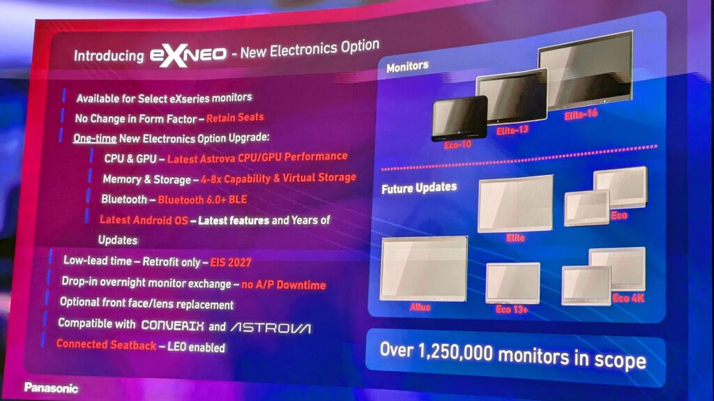 presentation slide highlighting technical specifications for the new Panasonic Avionics eXNeo inflight entertainment screens