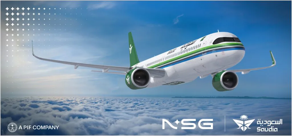 Rendering of a Saudia plane flying above the clouds with some logos and other decorations.