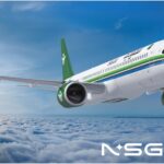 Rendering of a Saudia plane flying above the clouds with some logos and other decorations.