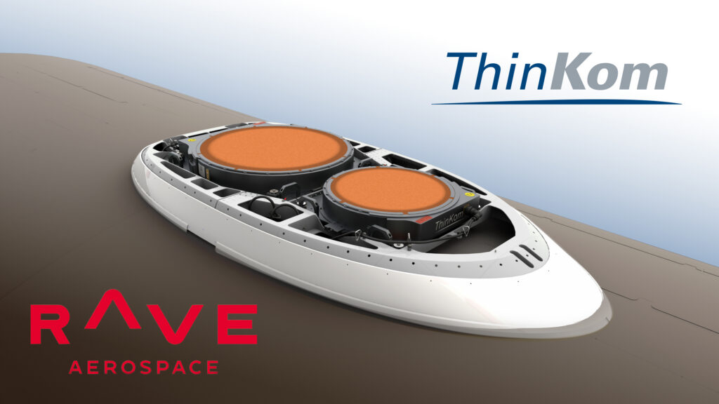 Rendering of the ThinKom ThinAir Ka2517 antenna with ThinKom and RAVE Aerospace logos.