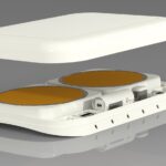 Rendering of a small aircraft antenna consisting of two round apertures and a very low profile radome on top.