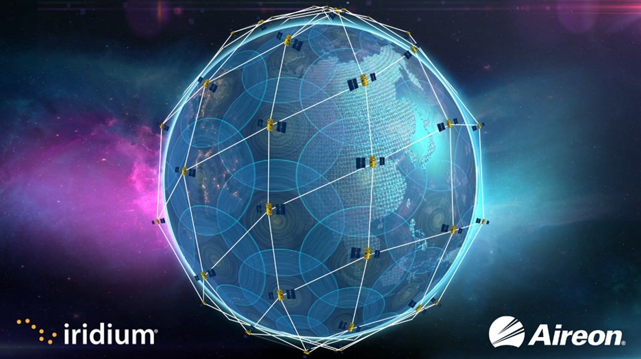 Rendering of a satellite constellation surrounding earth, plus the Iridium and Aireon logos