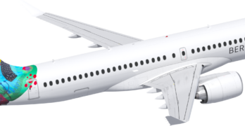 Rendering of a Bermudair A220 with a colorful, tropical tail.