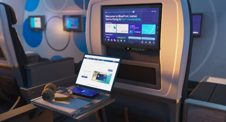 JetBlue will (finally) bring Bluetooth pairing to the cabin, plus a tablet holder in the tray table for BlueFirst customers (image via JetBlue)