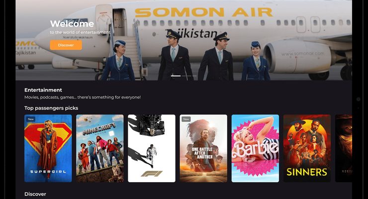 Wireless IFE interface for Somon Air, powered by Moment's Flymingo platform, with multiple movies to choose from.