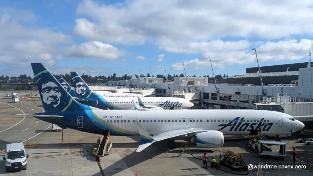 Alaska Airlines 737s parked at the gate in Seattle.