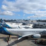 Alaska Airlines 737s parked at the gate in Seattle.