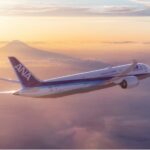 ANA jet flying at golden hour above the clouds