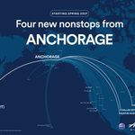 The latest Alaska Airlines route map for Anchorage, featuring the four new nonstop markets: Tokyo-Narita, Austin, Dallas-Fort Worth, and Nashville.