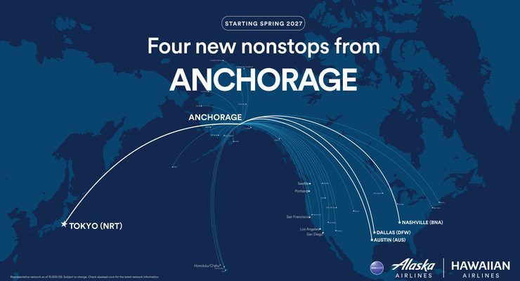 The latest Alaska Airlines route map for Anchorage, featuring the four new nonstop markets: Tokyo-Narita, Austin, Dallas-Fort Worth, and Nashville.